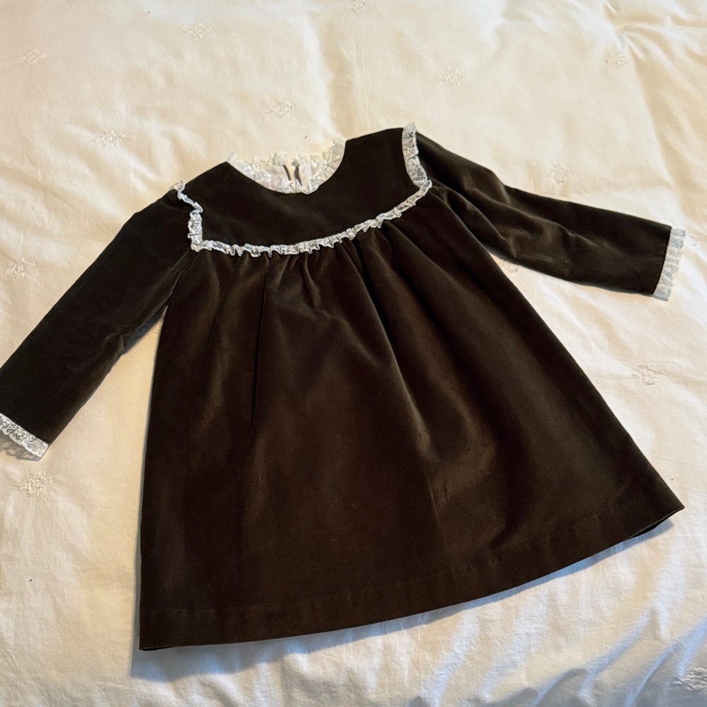 Charming La Coqueta Velvet Olive Geeen Kids Dress with Lace Trim